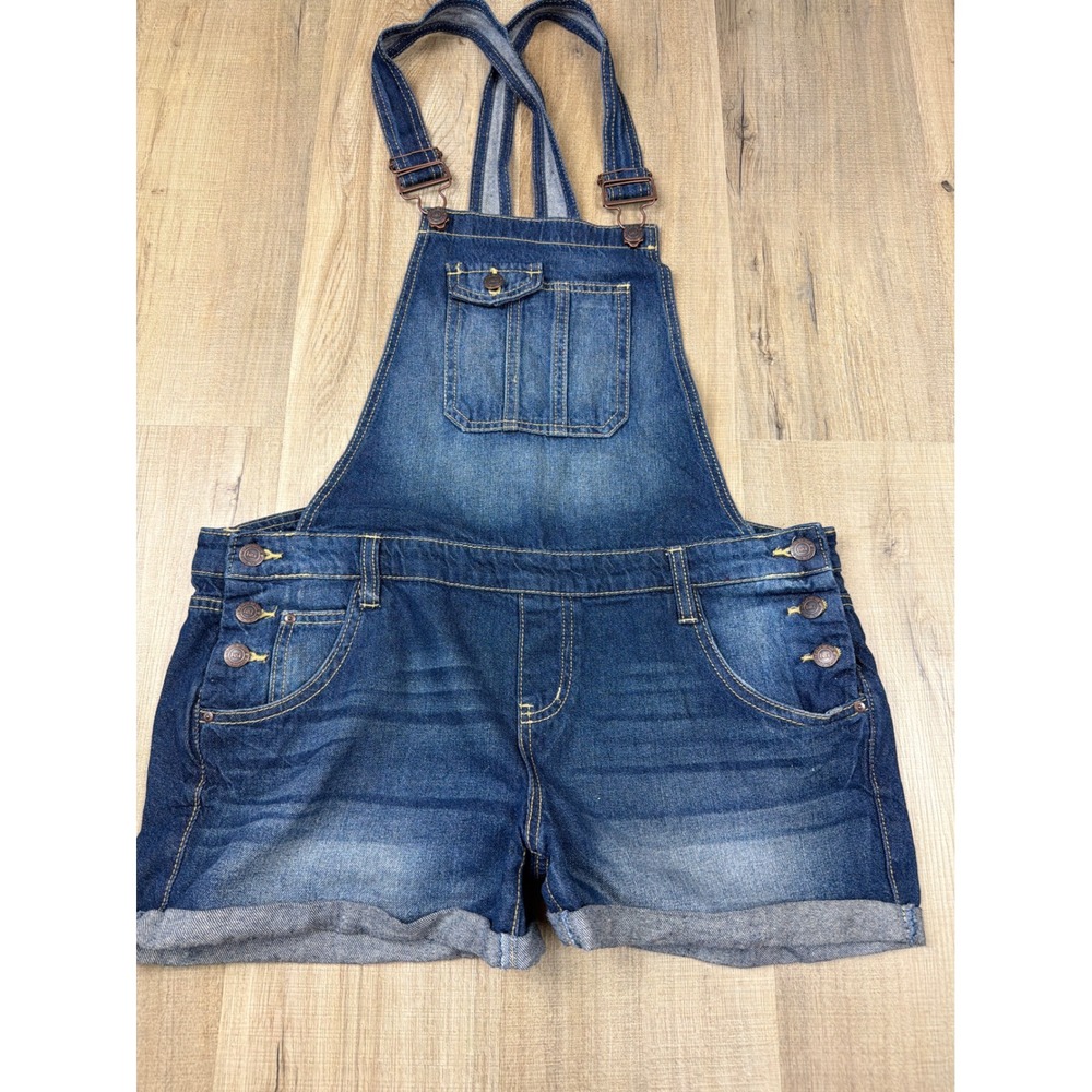 LEI‎ Solange Denim Shortalls Womens Large Dark Wash Cotton Bib Overalls Shorts